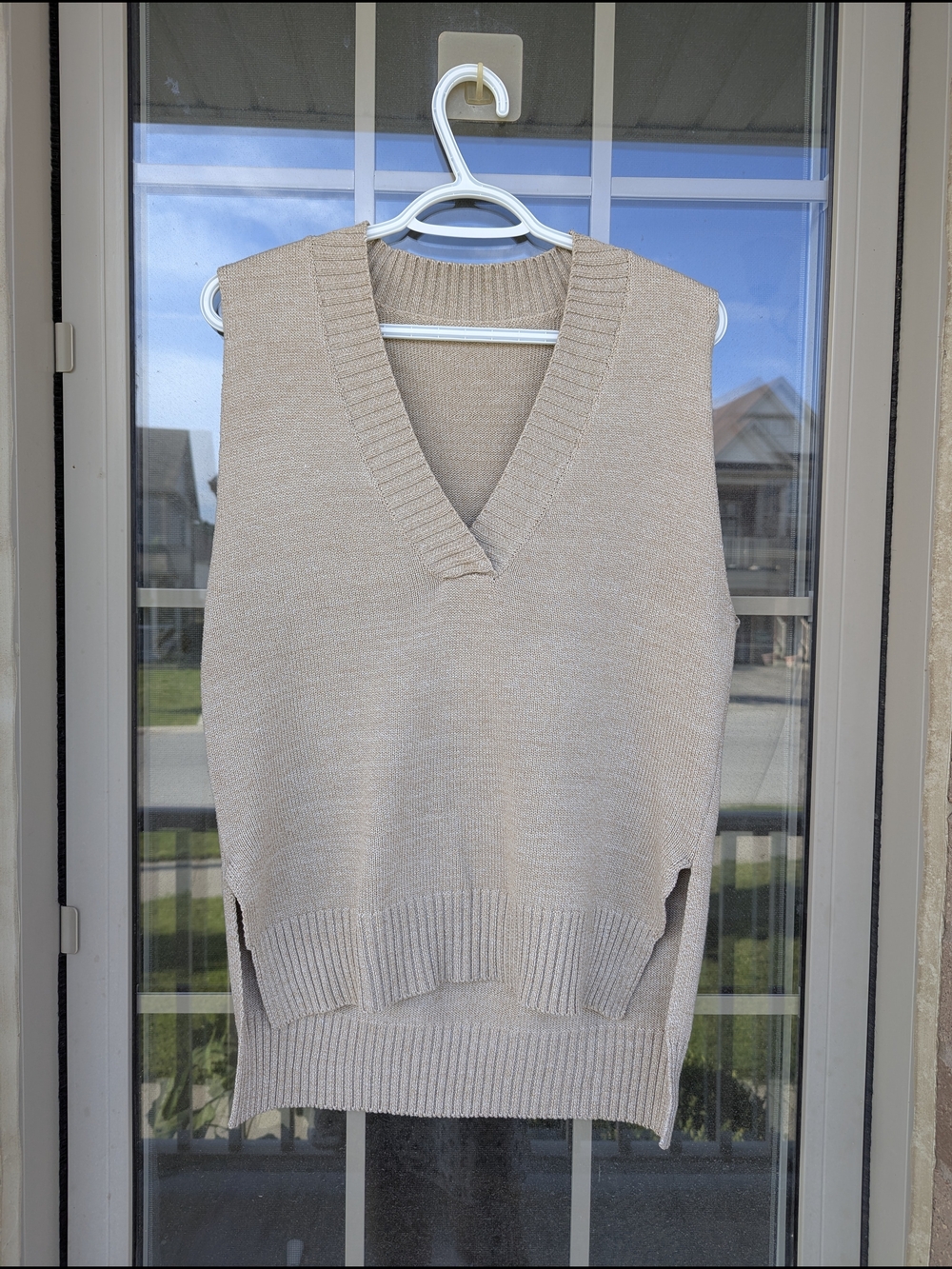 Sleeveless V-Neck Knit Sweater Vest in Beige - Picture 1 of 2